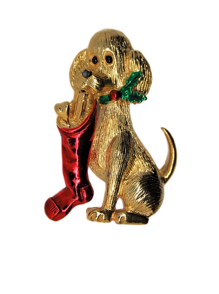 Gerrys Happy Holiday Dog Treat Stocking Vintage Figural Pin Brooch
