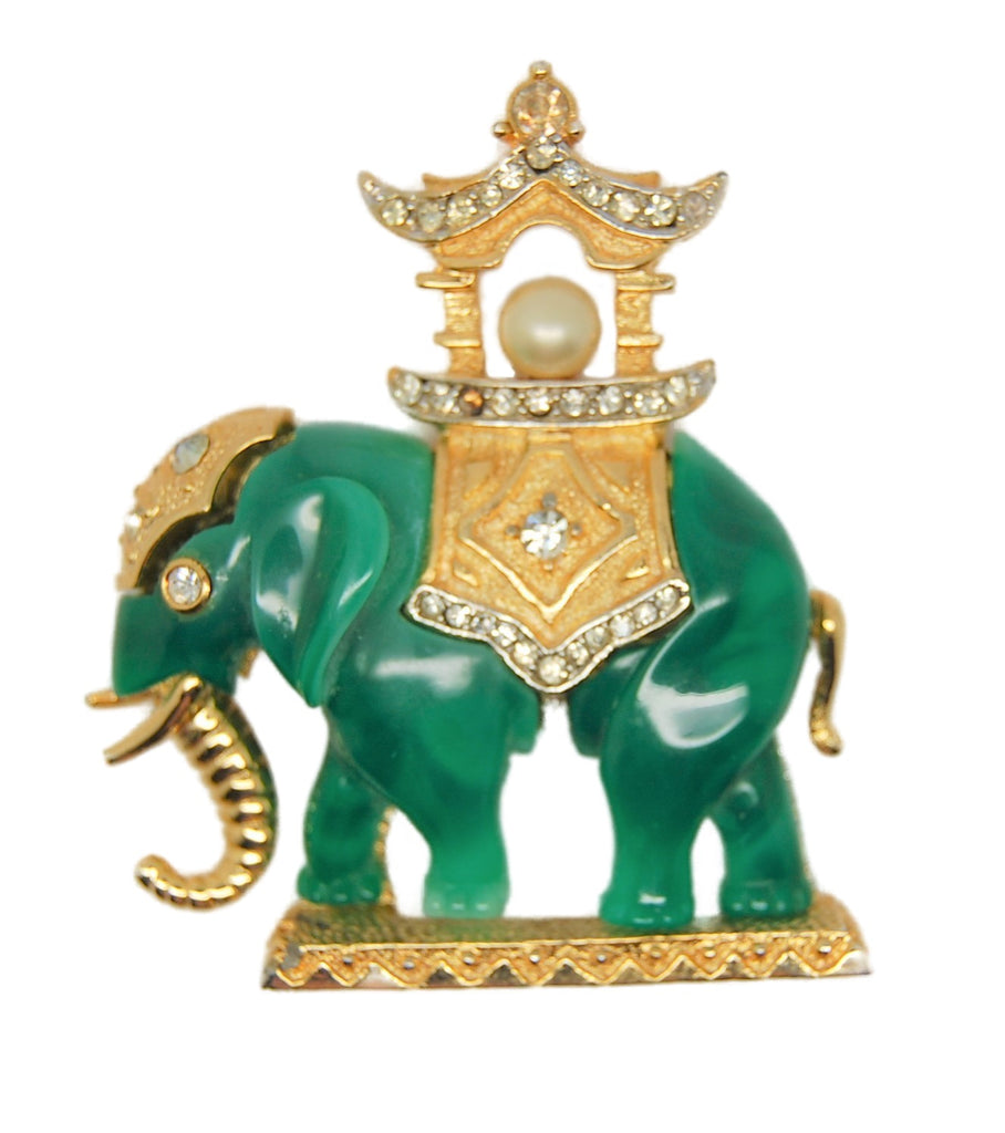 Carnegie Elephant Howdah Jade Celluloid Vintage Figural Pin Brooch