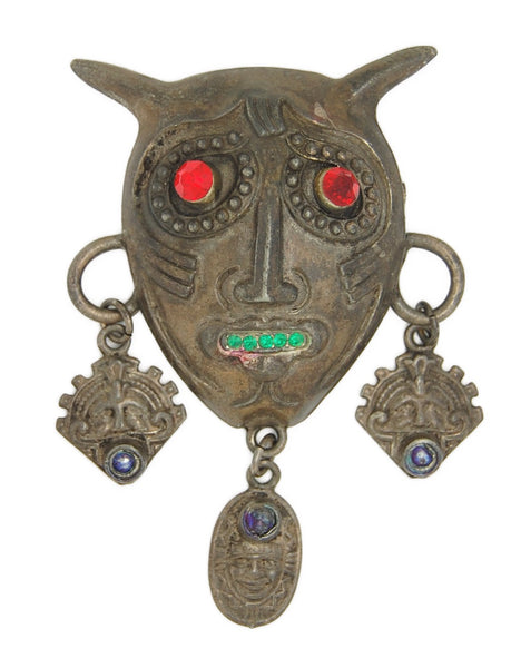 Aztec Fantasy Horned Dangle Charms Mask Vintage Figural Pin Brooch