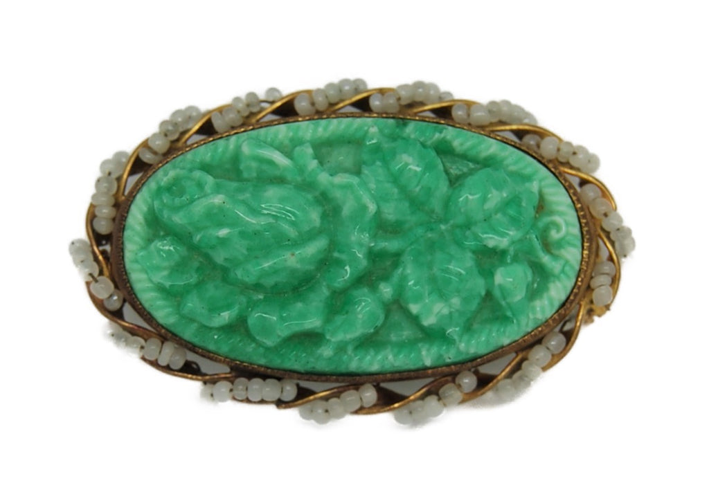 Neiger Peking Jade Wrap Beaded Wire Oval Vintage Figural Pin Brooch