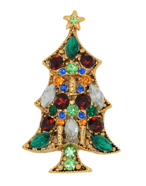 Regency Look-Alike Rhinestone Gold Tone Christmas Tree Vintage Brooch