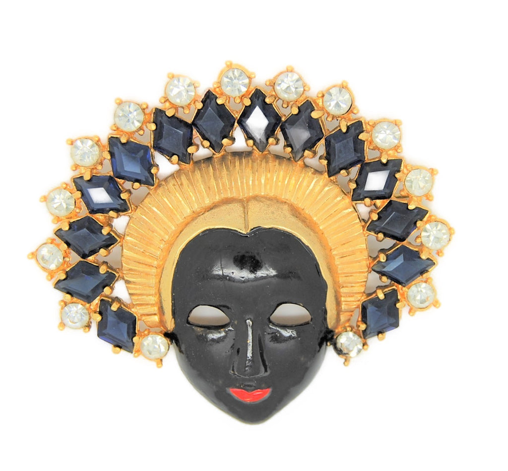 Empress Mask Sapphire & Icy Rhinestones Vintage Figural Brooch