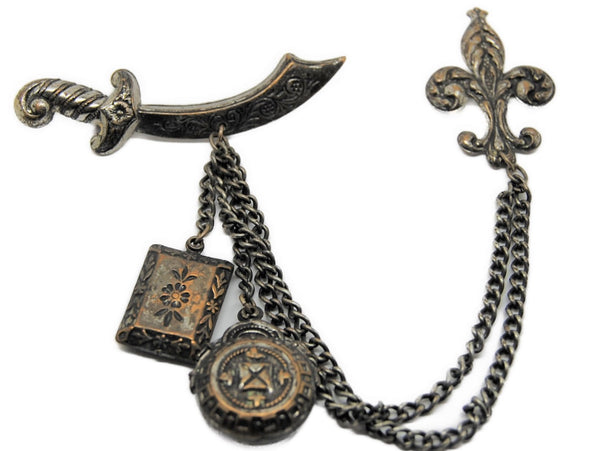 Fleur de Lis & Sword Vintage Figural Chatelaine Dangle Brooch Set