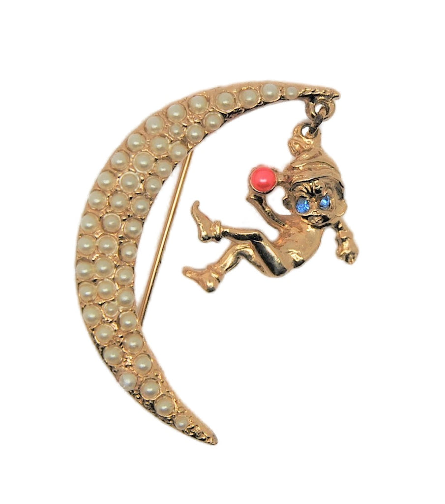 Carnegie Angel Sliver Moon Dangling Vintage Costume Figural Pin Brooch
