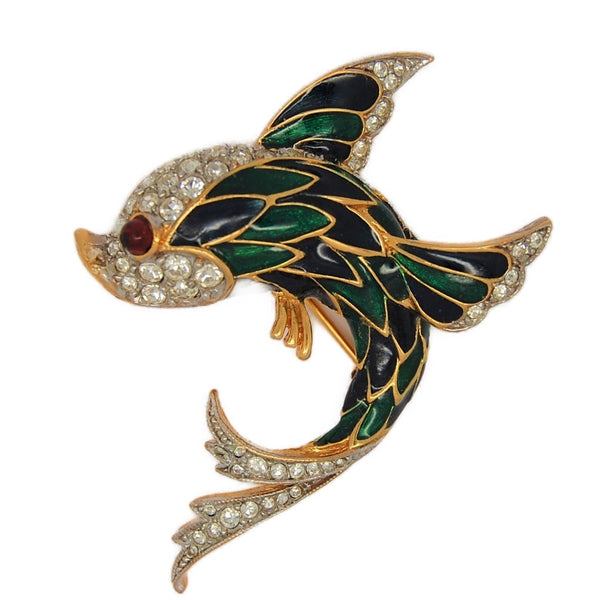 D'Orlan Flying Fish Green Iridescent Gold Plate Enamel Vintage Figural Brooch