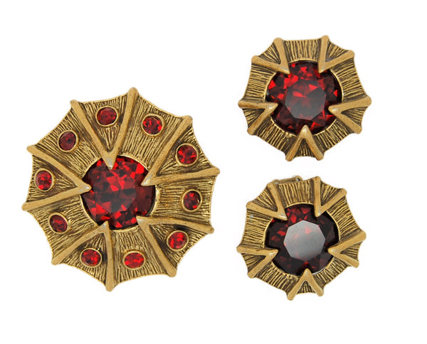 Tara Ruby Red Stones 1950s Vintage Brooch & Earring Set