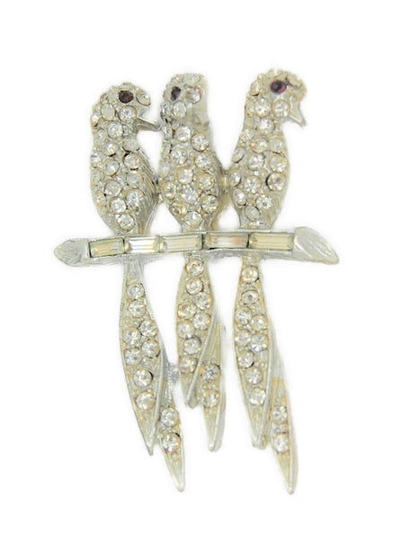 PELL Triple Birds on a Branch Pave Rhinestones Vintage Figural Pin Brooch