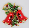 Christmas Bells Pine Boughs Rhinestones Enamel Figural Pin Brooch