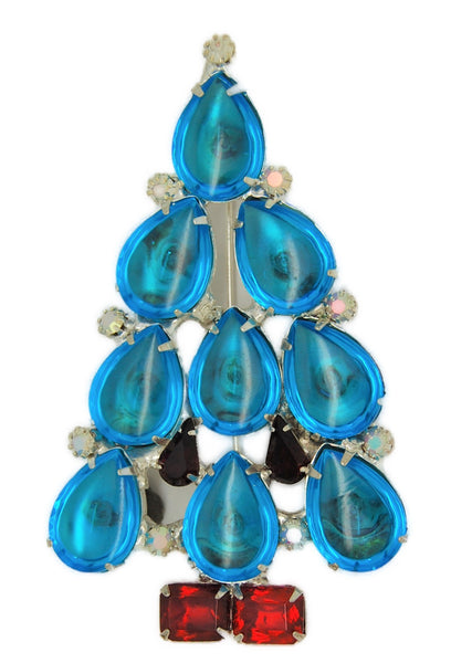 RON Aqua Teardrops Christmas Tree Vintage Figural Brooch