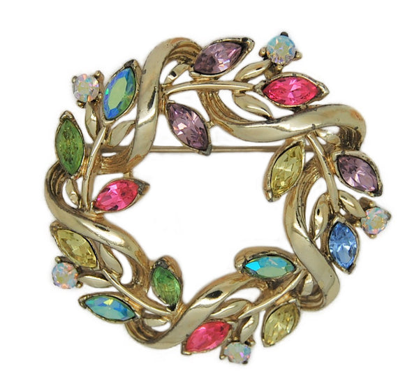 Coro Pastel Floral Ribbon Easter Circle Gold Tone Vintage Figural Pin Brooch