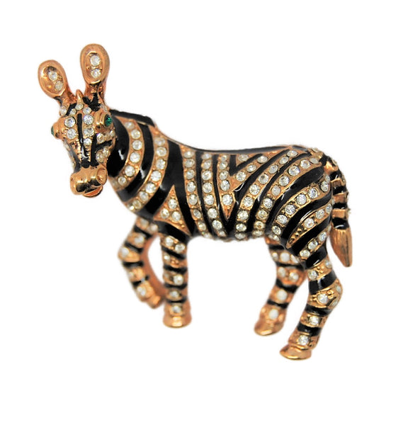 Ciner Plump Zebra Enamel & Rhinestones Vintage Costume Figural Pin Brooch