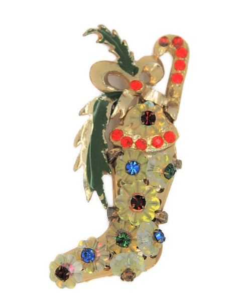 Christmas Rivoli Crystal Stocking Vintage Figural Pin Brooch