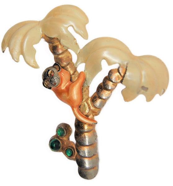 Bauman Massa Palm Tree Monkey Pot Metal Enamel Vintage Figural Pin Brooch