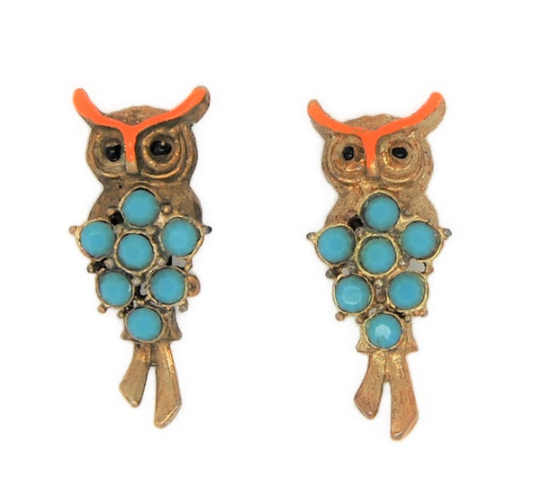 Coro Small Series Turquoise Bead Owls Vintage Figural Brooch Set