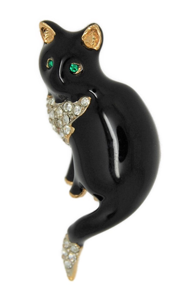 Green Eyed Kitty Cat Flow Black Enamel Vintage Figural Pin Brooch