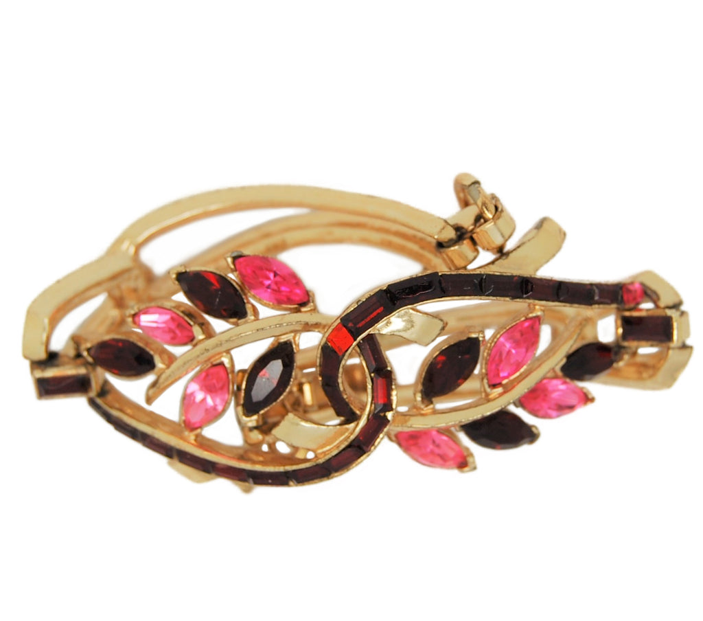 Coro Curved Ruby & Pink Gold Plate Floral Vintage Bracelet