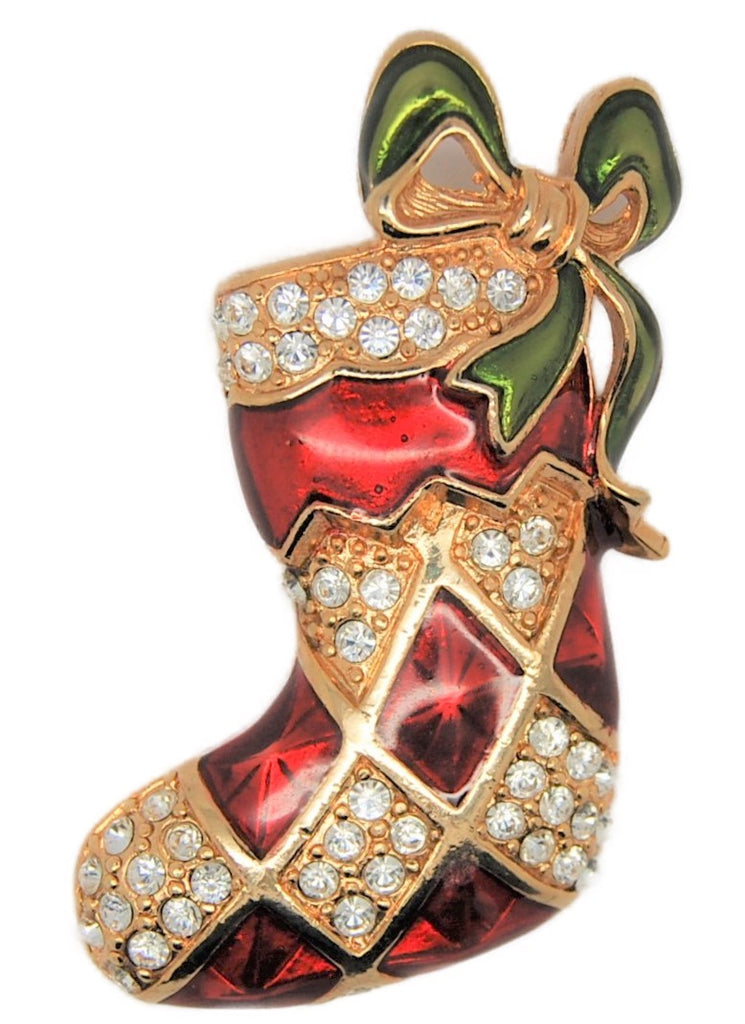 Monet Christmas Enamel Rhinestone Stocking Boot Figural Brooch