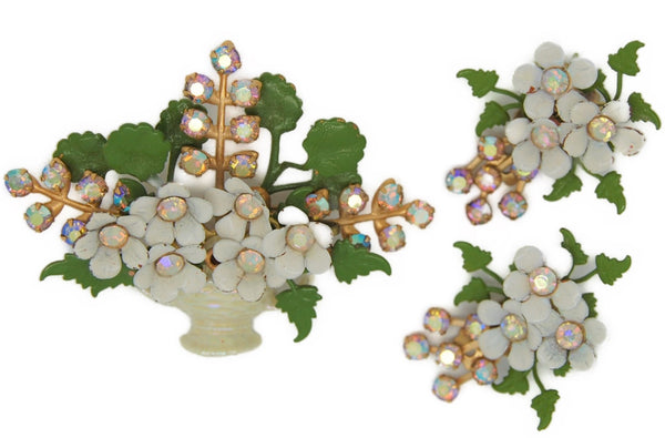 Mid-Century Floral Blossom Urn Vintage Figural Brooch & Earrings Set