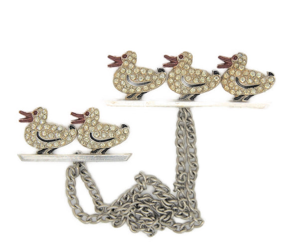 1930s Ducks Double Rhodium Chatelaine Vintage Figural Pin Brooch Set