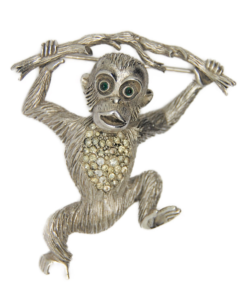 Carnegie Swinging Monkey Silver Tone Vintage Figural Brooch 1950s