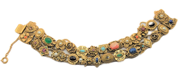 Goldette Victorian Revival Double Charm Slide 4 Chain Vintage Figural Bracelet