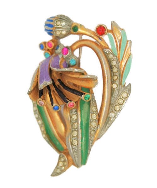 Art Deco Enamel Pot Metal Floral Vintage Costume Figural Pin Brooch