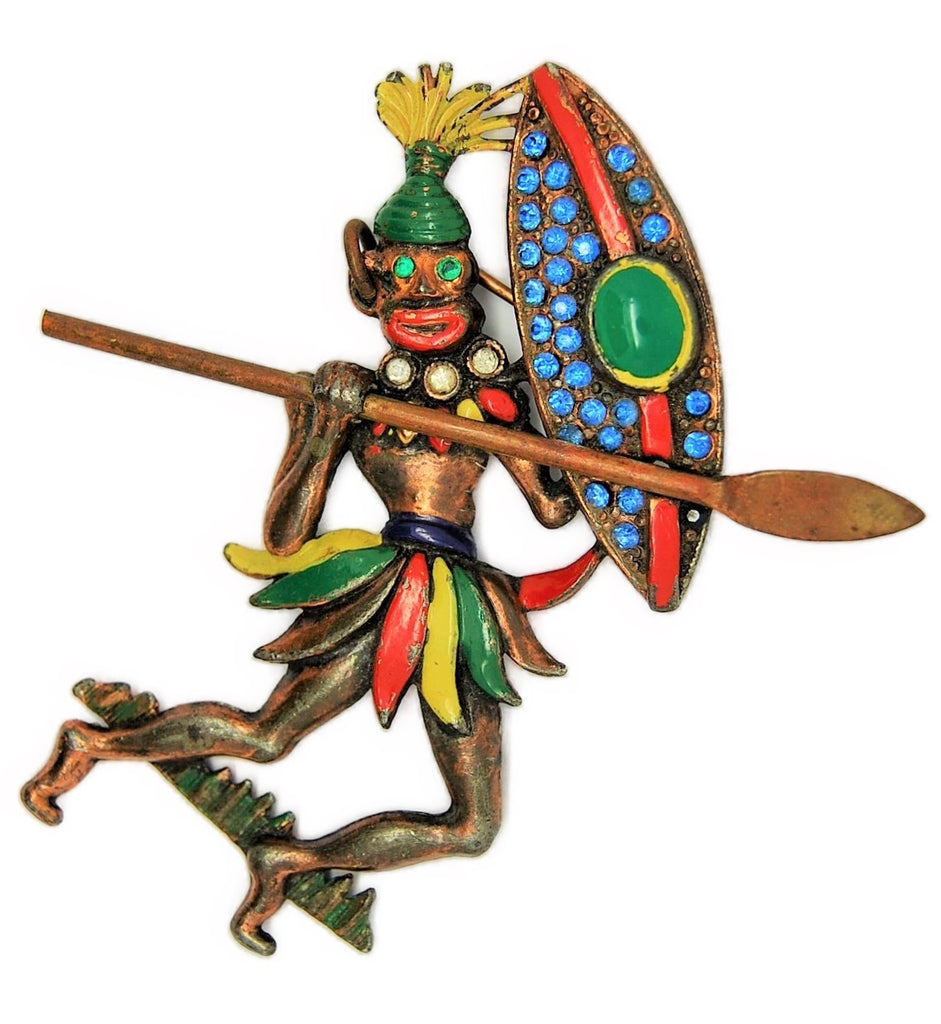 Bauman Massa Zulu Warrior Enamel Vintage Figural Pin Brooch - 1940s