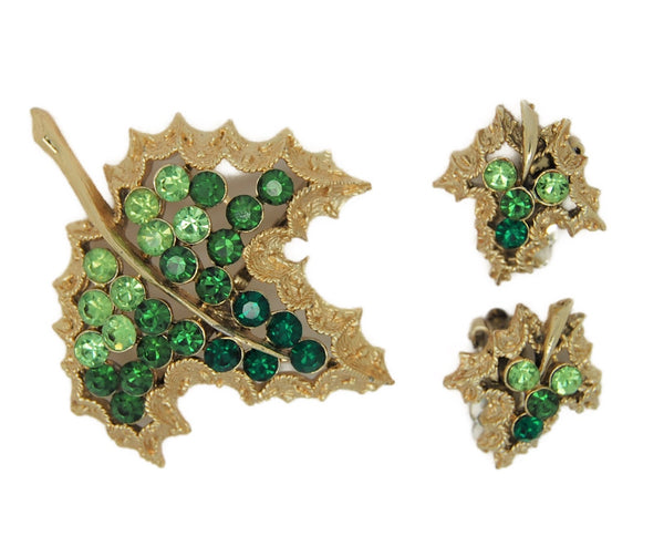 Emerald & Lime Green Rhinestone Leaf  Vintage Figural Brooch & Earring Set