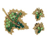 Emerald & Lime Green Rhinestone Leaf  Vintage Figural Brooch & Earring Set