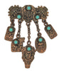 Aztec Ethnic Inspired Bronze Turquoise Vintage Figural Dangle Brooch