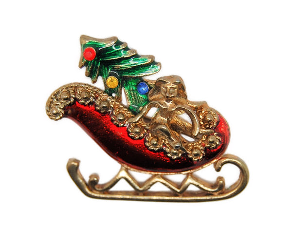 Christmas Santa Sleigh Tree Vintage Figural Brooch 1950s