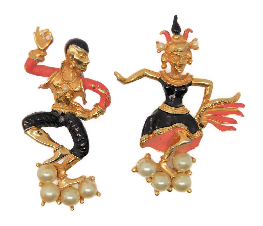 Temple Dancers Enamel Gold Tone Vintage Figural Brooch Set