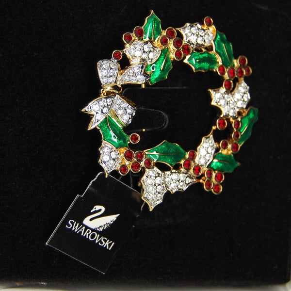 Swarovski Holly Berry Christmas Holiday Wreath Vintage Figural Brooch - NIB