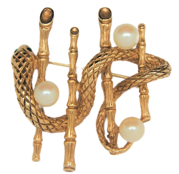 Erwin Pearl Bamboo Pearl Snake Fence Vintage Figural Brooch