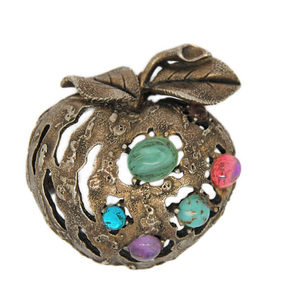 Coro Deep Silver Grey Cut Work Apple Clear Stones Vintage Figural Pin Brooch