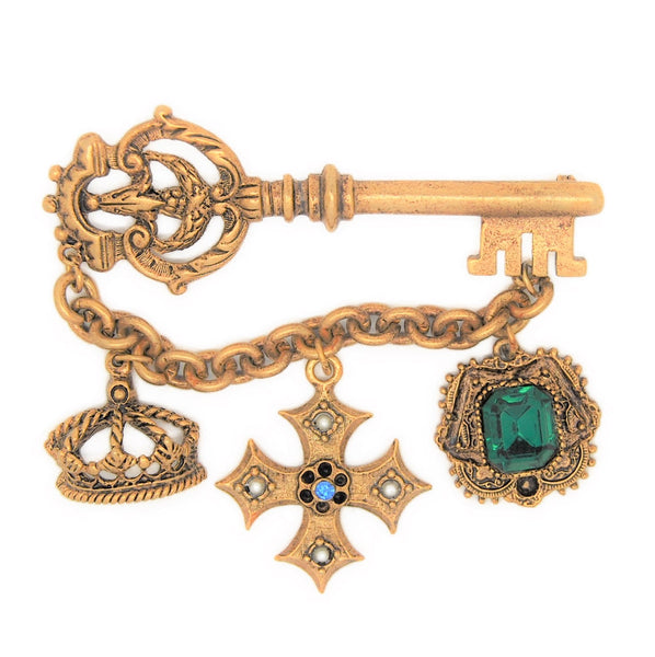 Royal Key Chatelaine Dangle Charms Vintage Figural Pin Brooch