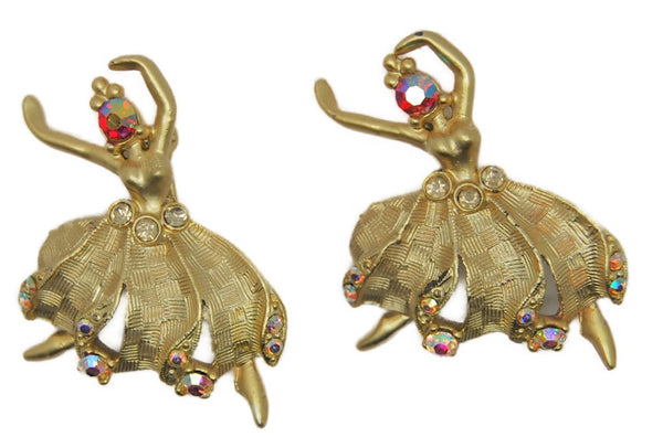 Mid-Century Brush Gold Ballerina Vintage Figural Brooch Set