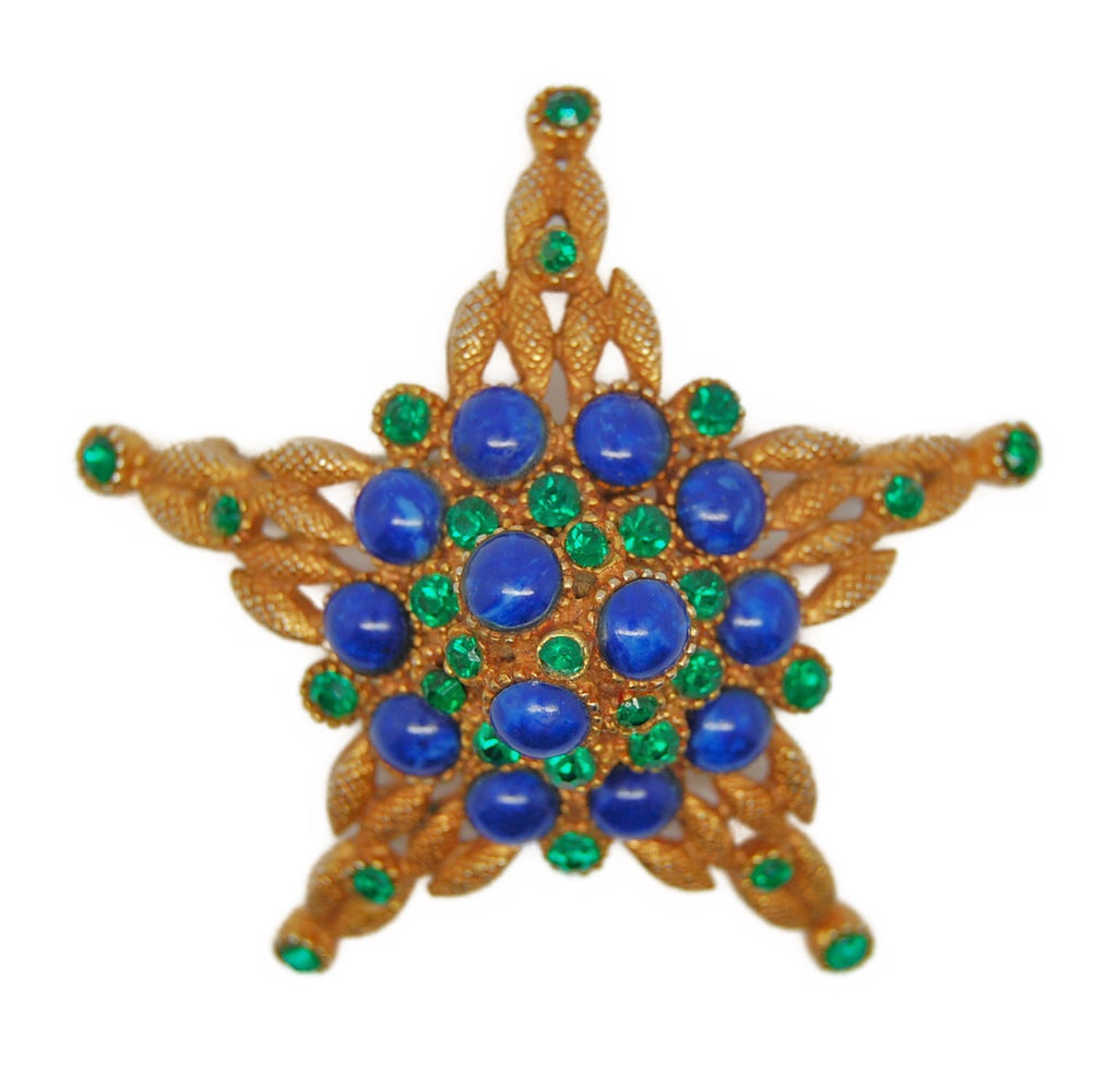 HAR Sapphire Blue & Green Royal Star Vintage Figural Costume Brooch