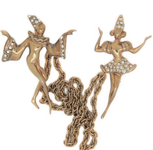 Pierrot & Pierrette Dancers Sterling Vermeil Chatelaine Vintage Figural Pin Brooch Set