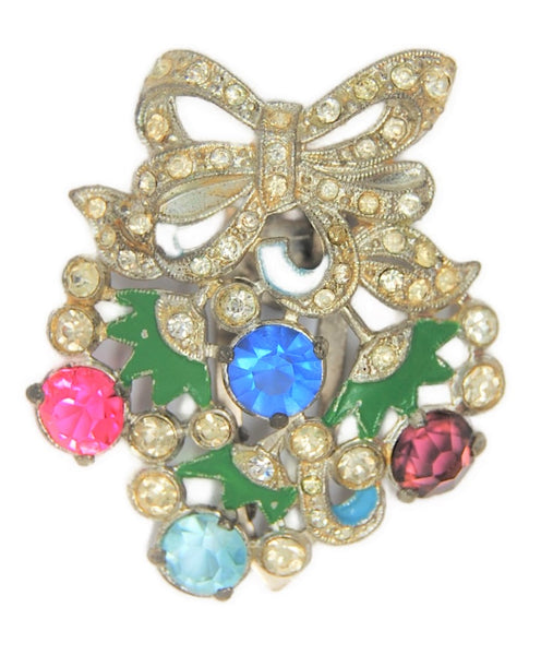 Fred Grey Bow & Floral Multi-Color Dress Clip Vintage Figural Brooch