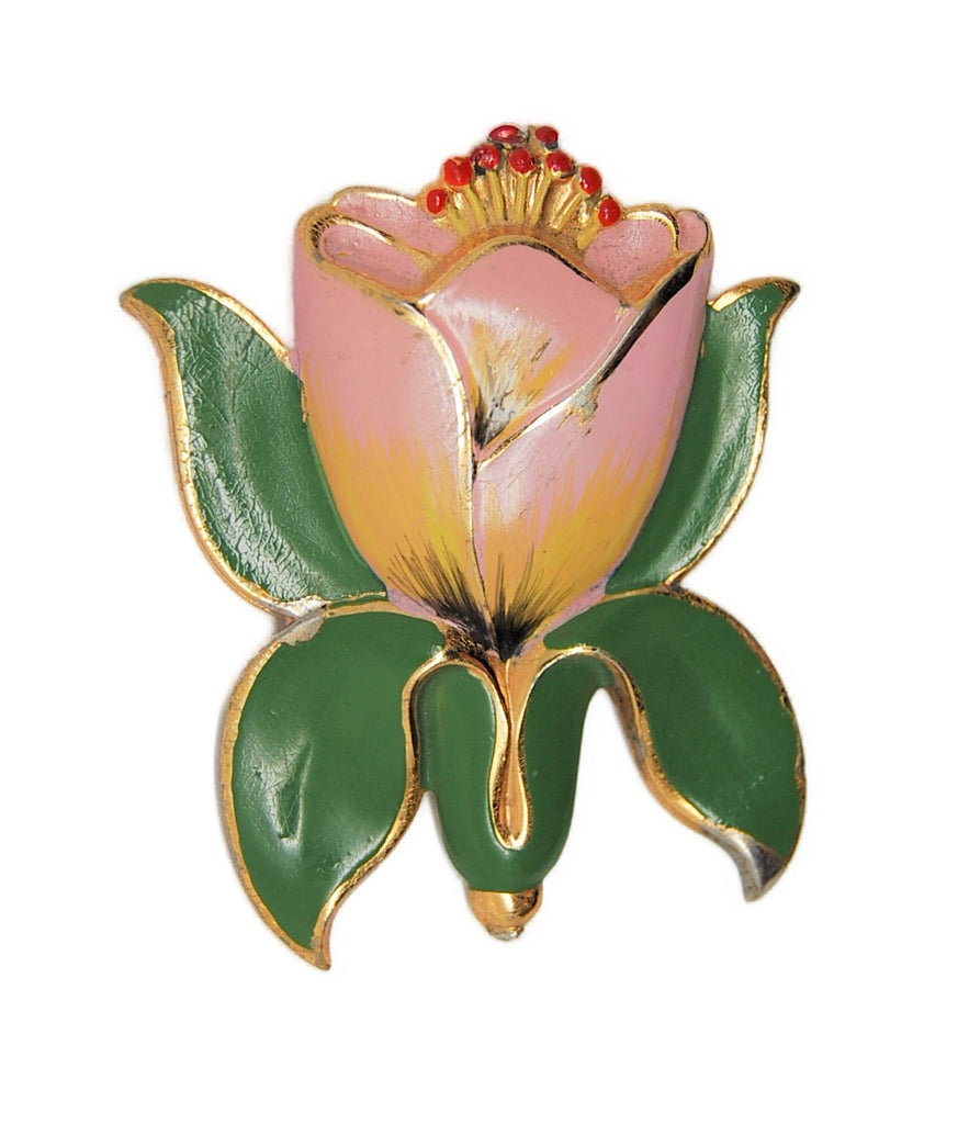 Art Deco Floral Blossom Enamel Fur Clip Vintage Figural Pin Brooch