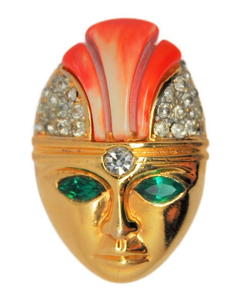 KJL Gold Tone Royal Mask Lucite Headress Vintage Figural Brooch