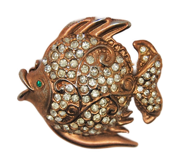 Mid-Century Fantasy Fish Gold Plate & Rhinestones Vintage Figural Pin Brooch