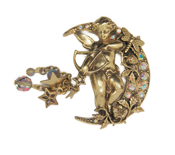 Kirks Folly Cherub Putti Cupid Valentine Moon Stars Vintage Figural Brooch
