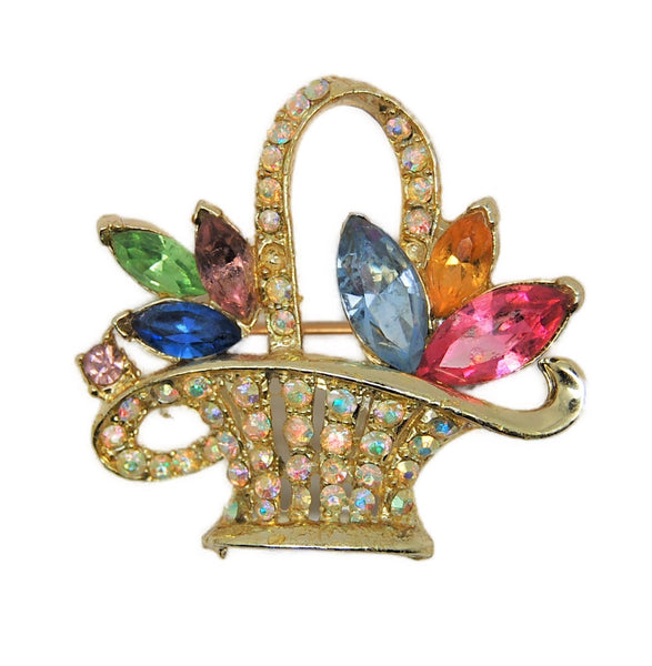 Floral Petals Basket AB Rhinestones Vintage Figural Pin Brooch