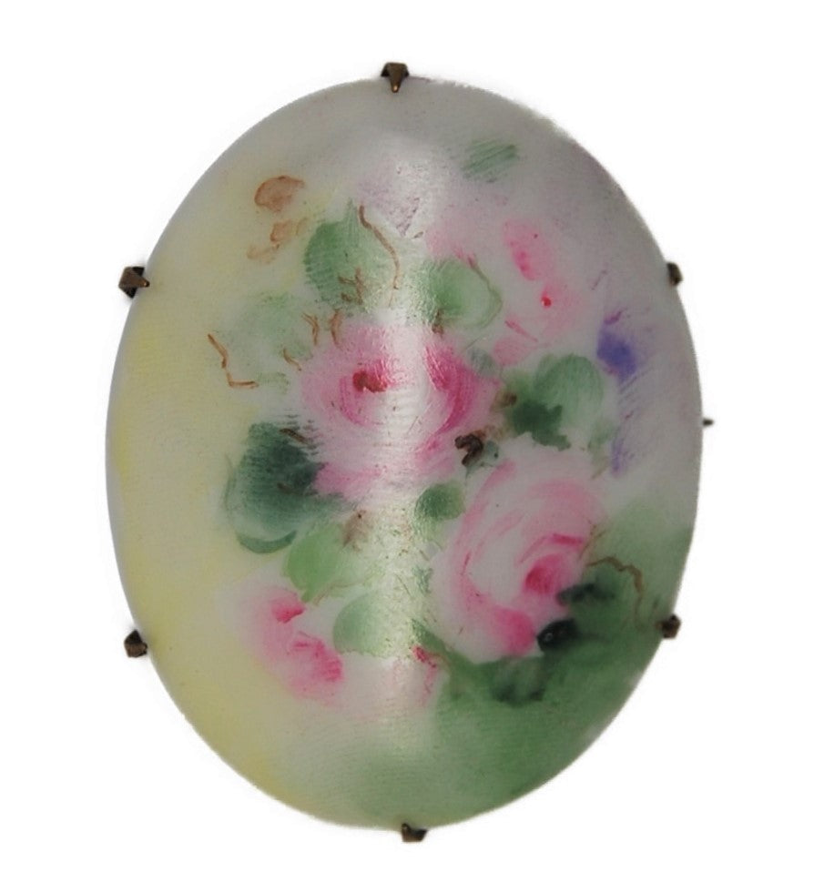 Victorian Hand Painted Roses Collar Antique Oval Porcelain Brooch