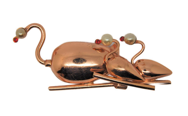 Art Deco Copper & Pearls Swan & Cygnets Vintage Figural Pin Brooch - 1930s