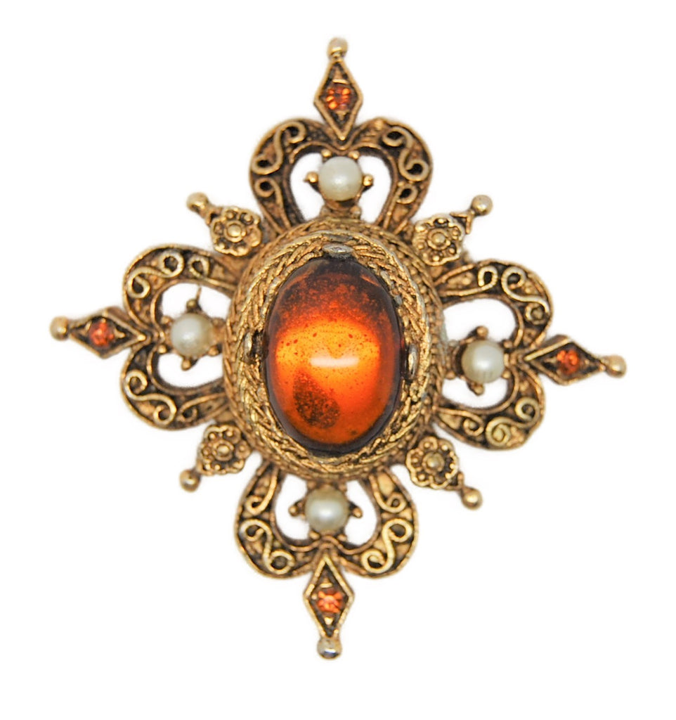 Florenza Scrolled  Shield Amber Pearl Vintage Figural Pin Brooch