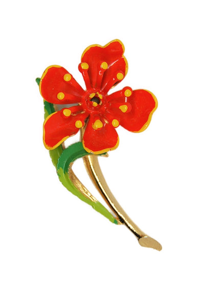 Mid-Century Orange Enamel Floral Flower Vintage Figural Brooch