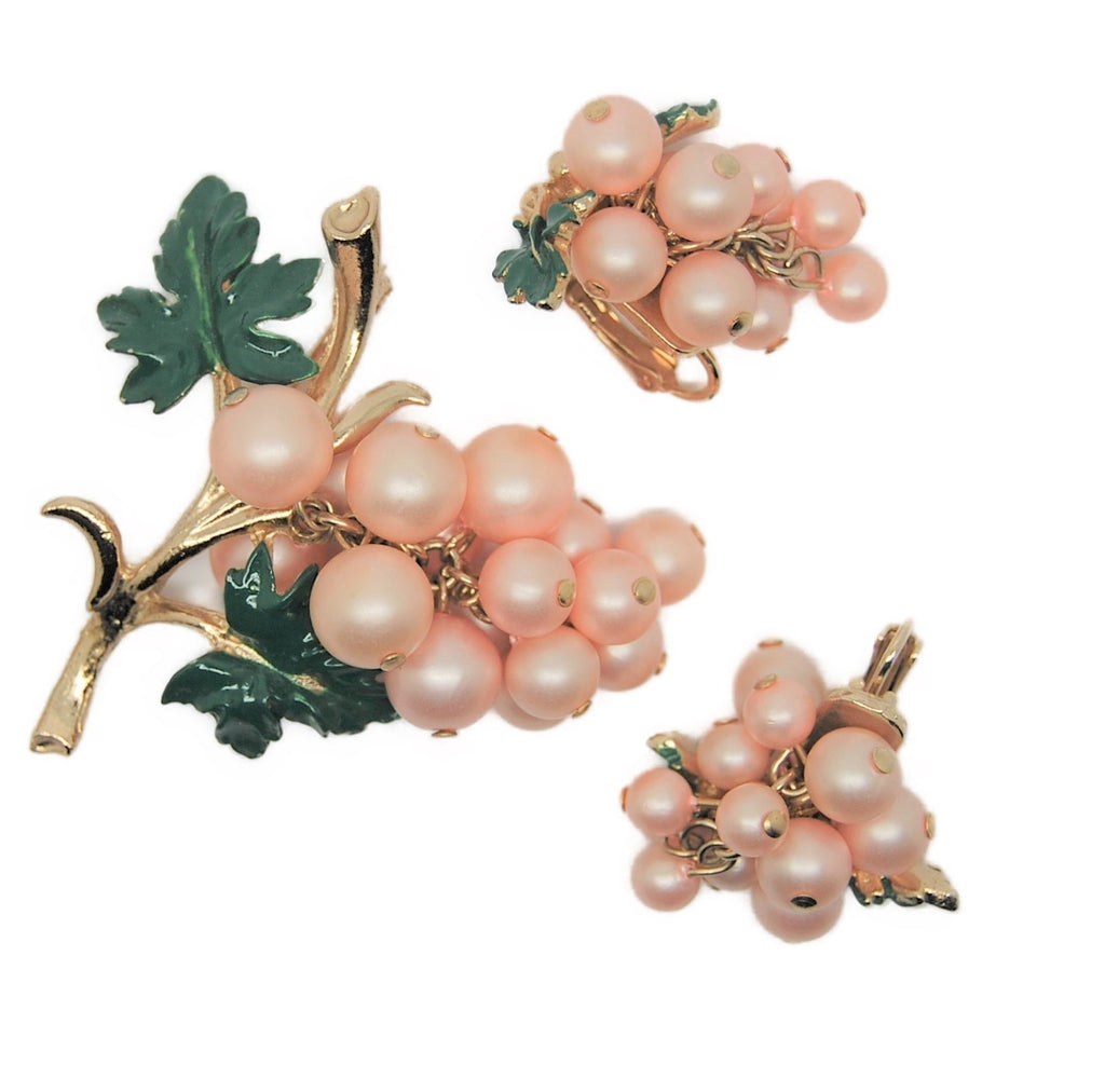 Coro Katz Pale Pink Pearl Grapes Vintage Brooch and Matching Figural Earrings